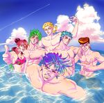  5boys aqua_hair bikini blonde_hair blue_eyes blue_hair cloud day family giorno_giovanna green_eyes green_hair higashikata_jousuke jojo_no_kimyou_na_bouken jonathan_joestar joseph_joestar_(young) kuujou_jolyne kuujou_joutarou long_hair lovekey male_swimwear multicolored_hair multiple_boys ocean one_eye_closed orange_eyes orange_hair red_eyes red_hair short_hair sky smile swim_trunks swimsuit swimwear thumbs_up two-tone_hair water white_eyes yellow_eyes 