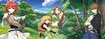  3girls :d ;d aria_(seiken_no_blacksmith) armpits arms_up blonde_hair blue_eyes blush_stickers breastplate brown_eyes brown_hair cecily_cambell cloud crossed_arms day detached_sleeves field fingerless_gloves flower flower_field forest gloves hat highres lake lisa_(seiken_no_blacksmith) long_hair low-tied_long_hair luke_ainsworth luna_(reclaimed_land) meadow midriff mini_hat multiple_girls nature navel one_eye_closed open_mouth pointy_ears red_eyes red_hair seiken_no_blacksmith short_hair shorts sky smile sword tree very_long_hair weapon 