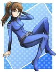  blue_eyes bodysuit breasts brown_hair fujii_satoshi headset kiryuu_mikage long_hair medium_breasts polka_dot polka_dot_background ponytail scrunchie smile uchuu_senkan_yamato uchuu_senkan_yamato_2199 