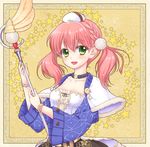  atelier_(series) atelier_escha_&amp;_logy braid choker colored_eyelashes escha_malier french_braid green_eyes hat mika_mikan pink_hair shawl short_hair smile solo star starry_background twintails wand yellow_background 