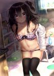  bad_id bad_pixiv_id basket black_hair black_legwear blush book bookshelf bra hair_ornament hair_scrunchie highres long_hair looking_at_viewer navel one_side_up open_clothes open_mouth open_shirt original panties panty_pull plaid plaid_bra plaid_skirt print_scrunchie purple_bra purple_eyes purple_panties scrunchie shirt skindentation skirt skirt_removed solo star star_print strap_slip stuffed_toy thighhighs underwear undressing wataru_(zazazazazazawa) 