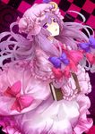  book bow checkered checkered_background crescent dress hat long_hair open_mouth patchouli_knowledge purple_eyes purple_hair sakura_ran solo touhou 