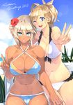  2girls abs ahoge ahoge_girl_(23) beach bikini blonde_hair blue_eyes blush breasts cleavage commentary_request couple dark-skinned_girl_(23) dark_skin day flower front-tie_top hair_flower hair_ornament hibiscus highres jewelry large_breasts looking_at_viewer multiple_girls navel one_eye_closed original ring shochuumimai short_hair side-tie_bikini smile swimsuit v wedding_band wife_and_wife yuri 