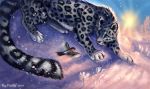  2019 4_toes ambiguous_gender avian bird blue_eyes digital_media_(artwork) duo feline feral flashw fur grey_fur leopard mammal pantherine paws spots spotted_fur toes 