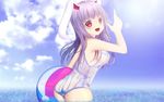  animal_ears back ball beach beachball blue_sky breasts bunny_ears cloud day long_hair looking_back medium_breasts one-piece_swimsuit open_mouth outdoors purple_hair red_eyes reisen_udongein_inaba school_swimsuit shounen_(hogehoge) sky sunlight swimsuit touhou water wet wet_clothes wet_swimsuit white_school_swimsuit white_swimsuit 