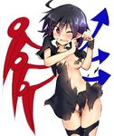  ahoge asymmetrical_wings black_hair black_legwear blush breasts chipa_(arutana) dress highres houjuu_nue medium_breasts open_mouth pointy_ears red_eyes short_hair simple_background solo thighhighs torn_clothes torn_legwear touhou white_background wince wings wristband 