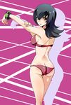  ass back bangs bare_shoulders bikini black_hair blush body_blush bracelet breasts butt_crack chorimokki fingernails flipped_hair from_behind hair_between_eyes holding_arm jewelry kneepits large_breasts long_fingernails long_hair looking_at_viewer looking_back lowleg lowleg_bikini natsume_(pokemon) outstretched_arm parted_lips pokemon purple_background red_eyes shadow sideboob slender_waist solo standing swimsuit taut_bikini taut_clothes tears thigh_gap wide_hips 