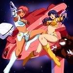  blue_eyes blue_hair boots breasts brown_eyes dirty_pair gun happy headband highres kei_(dirty_pair) large_breasts mughi navel red_hair space_craft spaceship weapon yuri_(dirty_pair) 