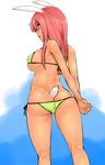  animal_ears arms_behind_back ass bikini blush breasts green_bikini green_eyes henkuma highres large_breasts long_hair looking_back open_mouth original pink_hair side-tie_bikini sideboob solo swimsuit tail 