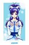  arm_warmers artist_name blue_eyes blue_hair cure_white dress futari_wa_precure half_updo hands_on_own_chest heart lips long_hair magical_girl precure ribbon smile solo teruchan white_dress yukishiro_honoka 