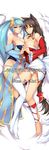  absurdres ahri animal_ears ankle_wrap aqua_hair barefoot bed black_hair blue_eyes blue_hair breast_press breasts cleavage dakimakura dean feet fox_ears fox_tail full_body hair_ornament highres interlocked_fingers jpeg_artifacts large_breasts league_of_legends legs long_hair looking_at_viewer lying multiple_girls on_side one_eye_closed panties smile sona_buvelle symmetrical_docking tail thighhighs thighs tongue tongue_out underwear white_legwear white_panties yellow_eyes 