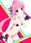  bad_id bad_pixiv_id bent_over bikini black_bikini blush finger_to_face flower gloves hat index_finger_raised long_hair looking_at_viewer micro_bikini navel original pink_eyes pink_hair pointy_ears ribbon rose sakiyo_cake smile solo swimsuit wrist_cuffs 