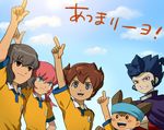  blue_eyes blue_hair blush_stickers brown_eyes brown_hair cloud day grin headband inazuma_eleven_(series) inazuma_eleven_go kirino_ranmaru male_focus matsukaze_tenma mizuhara_aki multiple_boys nishizono_shinsuke open_mouth pink_hair raimon raimon_soccer_uniform shindou_takuto sky smile soccer_uniform sportswear tsurugi_kyousuke twintails 