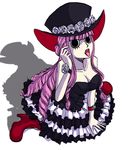  1girl boots breasts cleavage dress one_piece open_mouth perona pupupu sabaody_archipelago sitting tongue watch wristwatch 