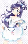  blue_eyes blue_hair cellphone cure_white detached_sleeves dress earrings futari_wa_precure gloves half_updo jewelry long_hair looking_at_viewer magical_girl mofmof_(sousa) phone precure solo standing white_dress yukishiro_honoka 