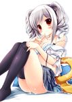  bad_id bad_pixiv_id bed black_legwear blue_bra bra breasts cleavage drill_hair grey_hair idolmaster idolmaster_cinderella_girls kanzaki_ranko looking_at_viewer medium_breasts nanamomo_rio off_shoulder open_clothes open_shirt orange_eyes pussy_juice school_uniform shirt shirt_pull sitting smile strap_slip thighhighs thighhighs_pull twin_drills twintails underwear 