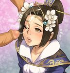  bad_id bad_pixiv_id blush brown_eyes brown_hair cai_wenji_(shin_sangoku_musou) censored chinese_clothes cum cum_string facial flower hair_flower hair_ornament hair_stick half_updo hand_on_another's_face long_hair maou_alba mosaic_censoring nose penis pointless_censoring shin_sangoku_musou solo_focus tears wince 