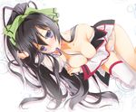  black_hair blue_eyes blush breasts hair_ribbon infinite_stratos jacket long_hair medium_breasts mofmof_(sousa) no_bra no_pants panties ponytail ribbon shinonono_houki single_thighhigh skindentation solo thighhighs underwear white_legwear white_panties 