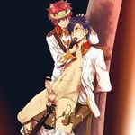  2boys bdsm blue_hair bondage bound cum erection forced glasses gun kakumeiki_valvrave male male_focus multiple_boys penis q-vier red_hair sex_toy tied_up uniform vibrator weapon x-eins yaoi 