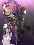  2girls asashin_(kazami-tomo) assassin_(fate/zero) bad_id bad_pixiv_id breasts child_assassin_(fate/zero) dark_skin earrings fate/zero fate_(series) female_assassin_(fate/zero) jewelry mask medium_breasts multiple_girls multiple_persona ponytail purple_hair small_breasts 