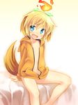  :d animal_ears bad_id bad_pixiv_id blonde_hair blue_eyes blush borrowed_character dog_ears dog_tail fang fire halo hood hood_down hoodie mizuki_kotora naked_hoodie navel nicole_mijoter open_clothes open_hoodie open_mouth original short_hair sitting smile solo tail 