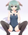  absurdres alternate_costume animal_ears bad_id bad_pixiv_id black_hair collarbone covered_navel fangs gradient gradient_background green_hair grey_eyes highres kasodani_kyouko looking_at_viewer masa_masa one-piece_swimsuit open_mouth school_swimsuit shadow sitting smile solo spread_legs swimsuit tail thighhighs touhou 