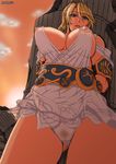  1girl blonde_hair breasts censored highres large_breasts milf nipples no_bra papepox2 pussy see-through solo sophitia_alexandra soul_calibur soulcalibur_iv sunset 