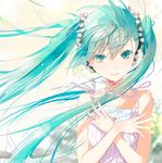  floating_hair flower fuyuno_haruaki green_eyes green_hair hair_flower hair_ornament hatsune_miku long_hair smile solo twintails vocaloid 