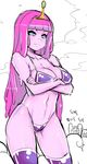  1girl adventure_time bikini blue_eyes breasts cleavage crossed_arms dog finn_the_human goo_girl highleg highleg_bikini highleg_swimsuit highres jake_the_dog large_breasts long_hair maniacpaint monster_girl navel pink_hair pink_skin princess_bonnibel_bubblegum purple_legwear sketch slime smile solo_focus strap_gap swimsuit thighhighs tiara 