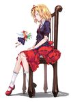  blonde_hair blue_eyes bobby_socks chair doll doll_joints flower hair_ribbon highres lily_of_the_valley mary_janes medicine_melancholy mirror_(xilu4) ribbon shoes sitting socks solo su-san touhou white_legwear wings 