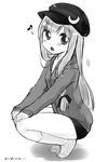  buruma cabbie_hat contemporary crescent greyscale hands_on_own_knees hat jacket kneehighs long_hair monochrome musical_note no_shoes open_mouth patchouli_knowledge sketch solo squatting touhou track_jacket yukiu_kon 