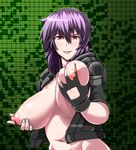  1girl breasts fingerless_gloves ghost_in_the_shell gloves huge_breasts jacket kusanagi_motoko large_breasts nipples piku0piku pixiv_manga_sample purple_hair red_eyes smile 