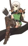  arrow belt black_gloves boots bow_(weapon) braid brown_eyes caryo chipmunk cloak dragon's_crown elf elf_(dragon's_crown) gloves in_tree long_hair nanashino pointy_ears quiver shorts silver_hair simple_background sitting sitting_in_tree smile solo squirrel thigh_boots thighhighs tree twin_braids weapon white_background 