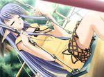  1girl blue_hair bow demon dress game_cg long_hair nerine playground pointy_ears shuffle! swing 