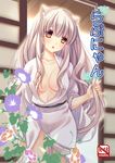 animal_ears breasts brown_eyes cat_ears cat_tail cocoa_(cafe-hotcocoa) cover flower grey_hair long_hair medium_breasts morning_glory open_clothes original solo tail 