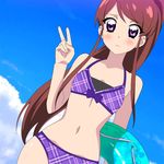  aikatsu! aikatsu!_(series) bikini brown_hair eyelashes innertube long_hair navel ponytail purple_eyes shibuki_ran solo swimsuit tonbi v 