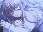  1girl bed cat game_cg long_hair nishimata_aoi official_art pajamas pointy_ears primula purple_hair shuffle! stuffed_animal stuffed_toy 