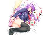  animal_ears black_legwear blazer bunny_ears bunny_tail covering covering_ass jacket kojima_saya long_hair lying no_shoes on_side open_mouth purple_hair reisen_udongein_inaba solo tail thighhighs touhou 