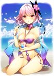  :q alternate_costume beach bikini breasts butterfly_hair_ornament cherry_blossoms choker cleavage cup day eating flower food hair_flower hair_ornament highres ice_cream large_breasts looking_at_viewer purple_hair red_eyes roh_nam_kyung saigyouji_yuyuko short_hair side-tie_bikini smile solo spoon swimsuit thighs tongue tongue_out touhou 