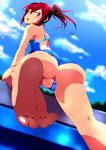  ass barefoot blush censored competition_swimsuit feet free! from_behind from_below highres kaburaya_seiden looking_back matsuoka_gou one-piece_swimsuit open_mouth ponytail pussy red_eyes red_hair short_hair soles solo swimsuit swimsuit_aside toes 
