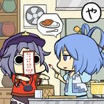  blouse blue_eyes blue_hair brush coin_purse curry curry_rice fan food hair_ornament hair_rings hair_stick hat kaku_seiga lavender_hair maguro_(mawaru_sushi) measuring_cup miyako_yoshika multiple_girls mundane_utility o_o ofuda outstretched_arms parted_lips pot rice shopping_basket short_hair short_sleeves speech_bubble spoon star touhou vest zombie_pose 