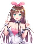 1girl :d a.i._channel adapted_costume bangs bare_shoulders black_ribbon blush bow breasts brown_hair choker cleavage collarbone commentary dress eyebrows_visible_through_hair fingernails green_eyes hairband hands_up highres index_finger_raised kizuna_ai long_hair looking_at_viewer medium_breasts multicolored_hair open_mouth pink_bow pink_hair pink_hairband revision ribbon ribbon_choker seungju_lee shiny shiny_hair simple_background smile solo strapless strapless_dress streaked_hair striped striped_ribbon swept_bangs upper_body upper_teeth virtual_youtuber white_background white_choker white_dress wrist_cuffs 