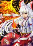  armband black_background breasts covered_nipples dress_shirt fiery_wings fire fujiwara_no_mokou hair_ribbon highres hime_cut lips long_hair long_sleeves looking_at_viewer medium_breasts ofuda pants red_eyes ribbon shirt solo suspenders touhou txoxsxhxi very_long_hair white_hair wind wind_lift wings 