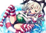  black_panties blonde_hair blush elbow_gloves food fruit gloves green_eyes hairband innertube kantai_collection legs long_hair looking_at_viewer mayuzaki_yuu panties shimakaze_(kantai_collection) shiny shiny_clothes skirt solo striped striped_legwear thighhighs underwear wading_pool watermelon white_gloves 