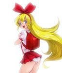  :d alternate_costume backpack bag blonde_hair blue_eyes blush dokidoki!_precure hairband huge_bow kikisuke_t long_hair looking_back open_mouth panties pantyshot precure randoseru red_ribbon regina_(dokidoki!_precure) ribbon simple_background smile solo underwear white_background white_panties 