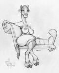  2019 anthro breasts camel camelid chaise_lounge crossed_legs ear_piercing ear_ring ecmajor eyelashes female hooves horizontal_pupils jewelry mammal monochrome nude piercing simple_background sitting solo white_background wide_hips 