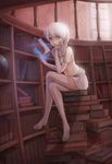  book book_stack bookshelf braid chin_rest crossed_legs elbow_gloves floating_book gloves grey_eyes hand_on_own_chin highres library long_legs looking_at_viewer magic midriff navel original sitting skirt solo sunimu thighhighs white_hair white_legwear 