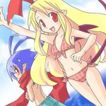  1girl :d arm_up beach bikini blonde_hair blue_hair blush demon_girl disgaea fang flat_chest flonne flonne_(fallen_angel) front-tie_top karina laharl long_hair lowres navel open_mouth plaid plaid_bikini pointy_ears red_eyes scarf shorts side-tie_bikini smile swimsuit tail wings 