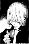  cigarette greyscale hair_over_one_eye male_focus monochrome obata_takeshi one_piece sanji smoking solo 