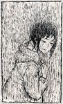  arata_yokoyama greyscale highres kaga_ai monochrome rain raincoat sayonara_zetsubou_sensei solo traditional_media 